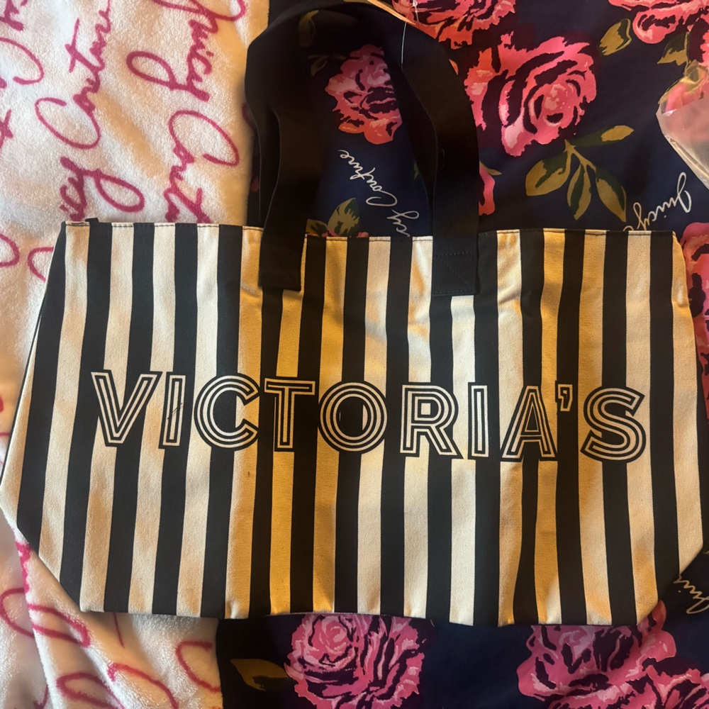 Victoria Secret Black and White Striped Tote Bag